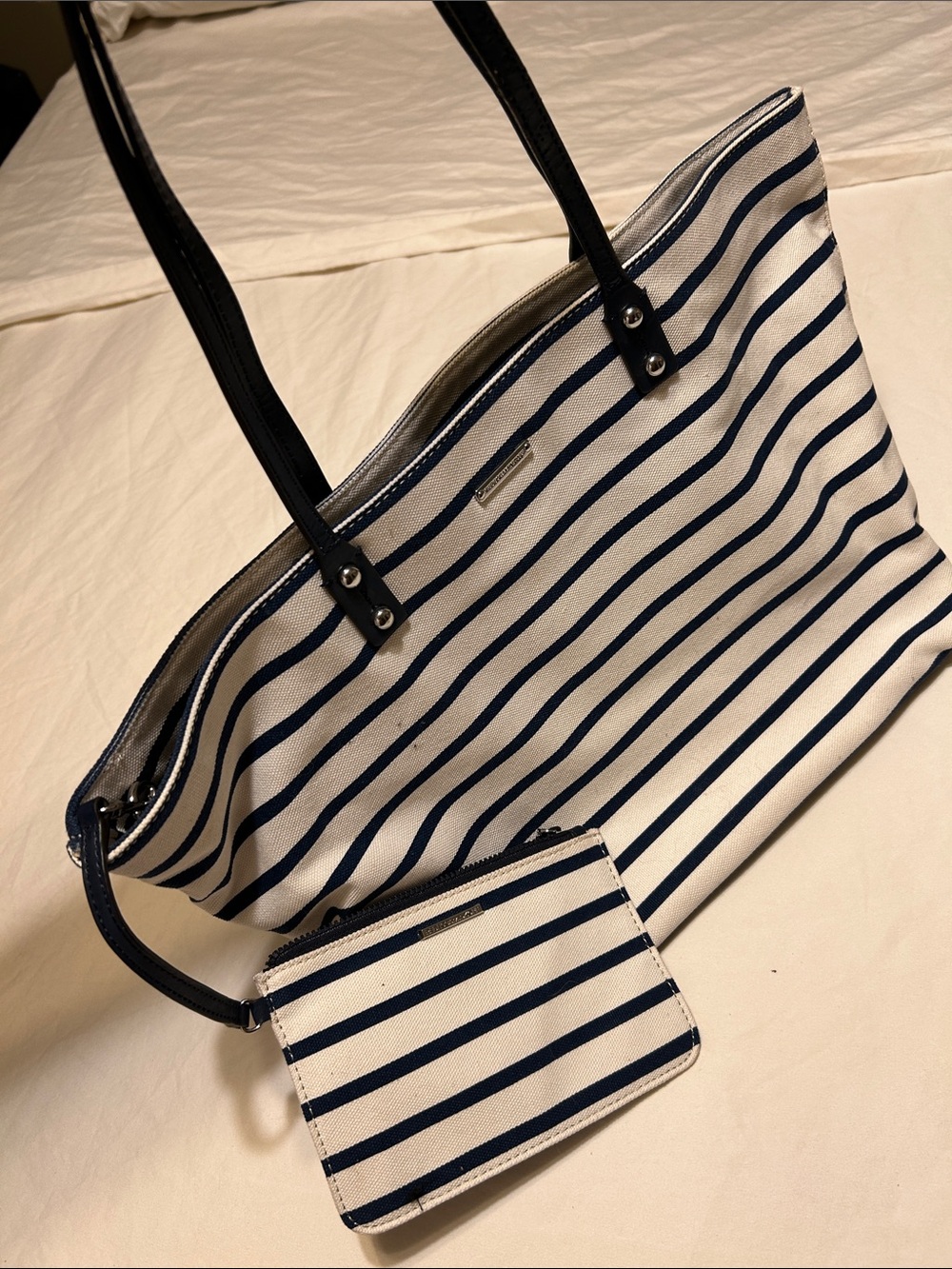 Rebecca Minkoff Navy and White Striped Tote with Matching Pouch